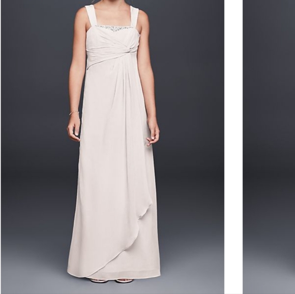 David's Bridal Crinkle Chiffon Dress with Twist Front in Champagne, size 10 Girl - Picture 2 of 10